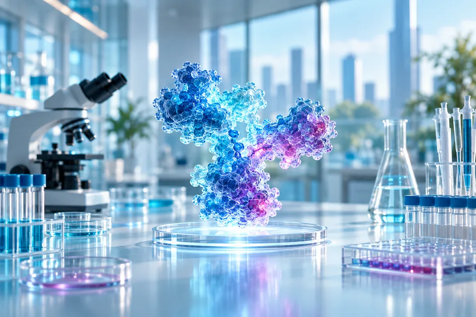 Laboratoire et structure moléculaire illustrant la santé et les biotechnologies